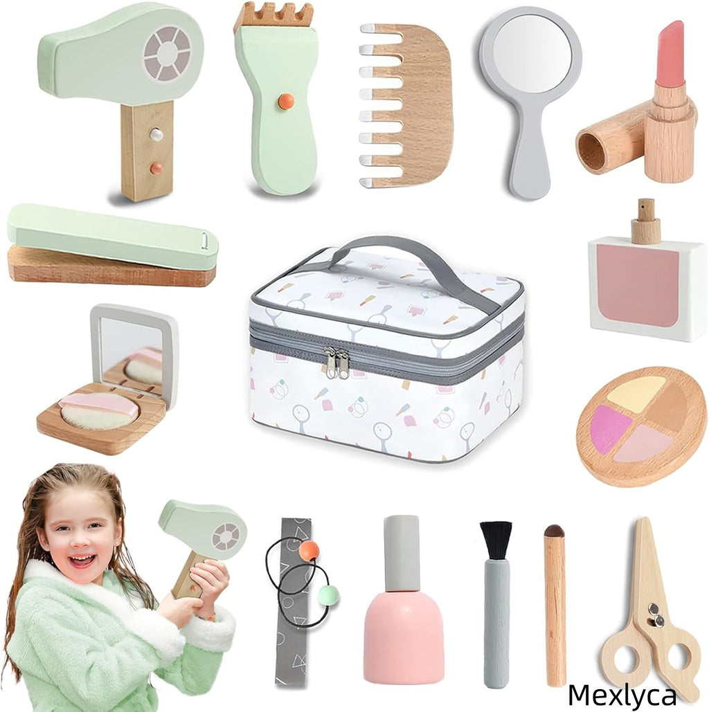 Mexlyca Wooden Makeup Toy Set for Girls – Pretend Play Beauty Salon Kit with Fake Cosmetics | Eco-Friendly Wood Makeup Set Gift for Toddlers Ages 3-7