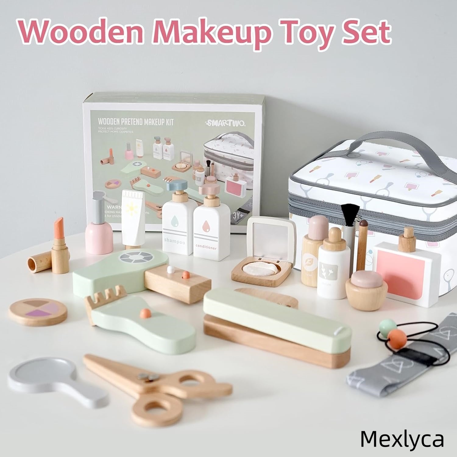 Mexlyca Wooden Makeup Toy Set for Girls – Pretend Play Beauty Salon Kit with Fake Cosmetics | Eco-Friendly Wood Makeup Set Gift for Toddlers Ages 3-7