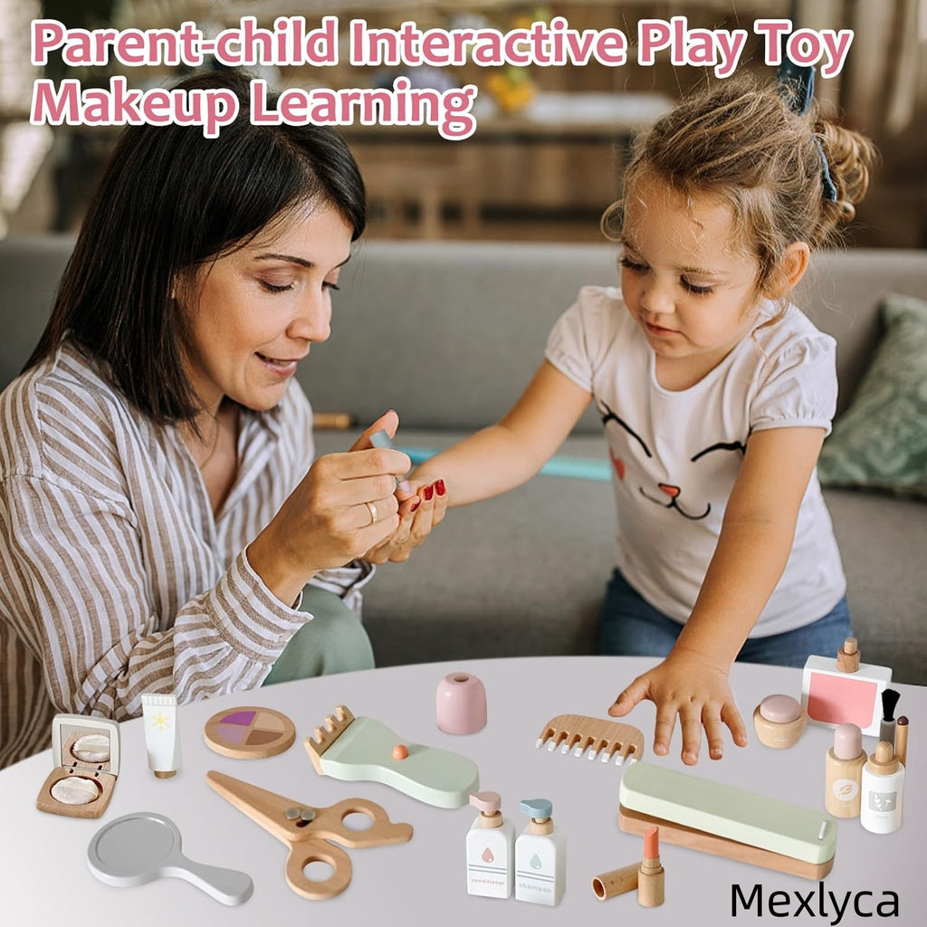 Mexlyca Wooden Makeup Toy Set for Girls – Pretend Play Beauty Salon Kit with Fake Cosmetics | Eco-Friendly Wood Makeup Set Gift for Toddlers Ages 3-7