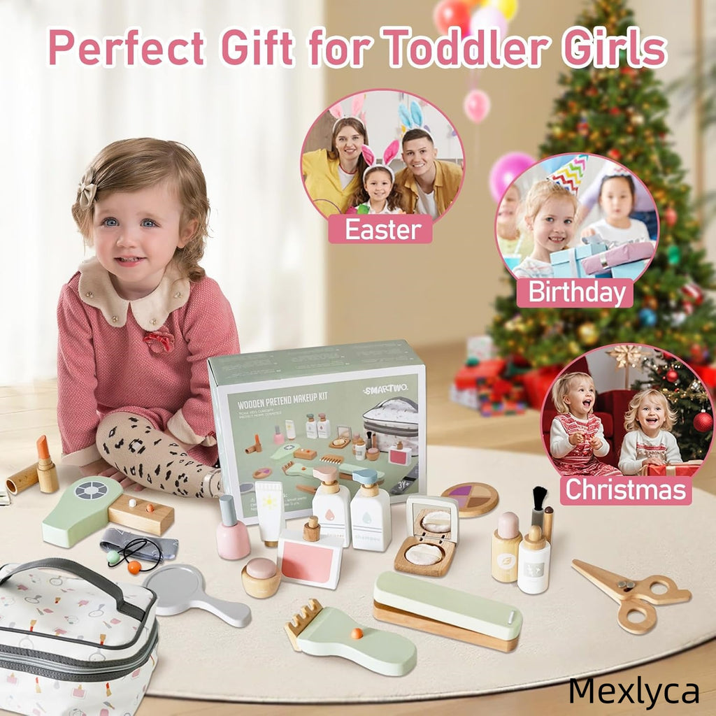 Mexlyca Wooden Makeup Toy Set for Girls – Pretend Play Beauty Salon Kit with Fake Cosmetics | Eco-Friendly Wood Makeup Set Gift for Toddlers Ages 3-7