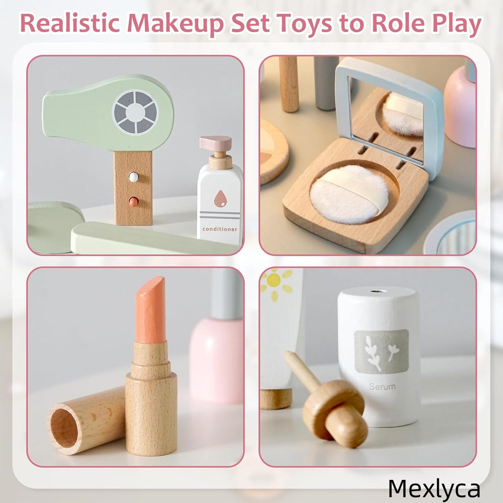 Mexlyca Wooden Makeup Toy Set for Girls – Pretend Play Beauty Salon Kit with Fake Cosmetics | Eco-Friendly Wood Makeup Set Gift for Toddlers Ages 3-7