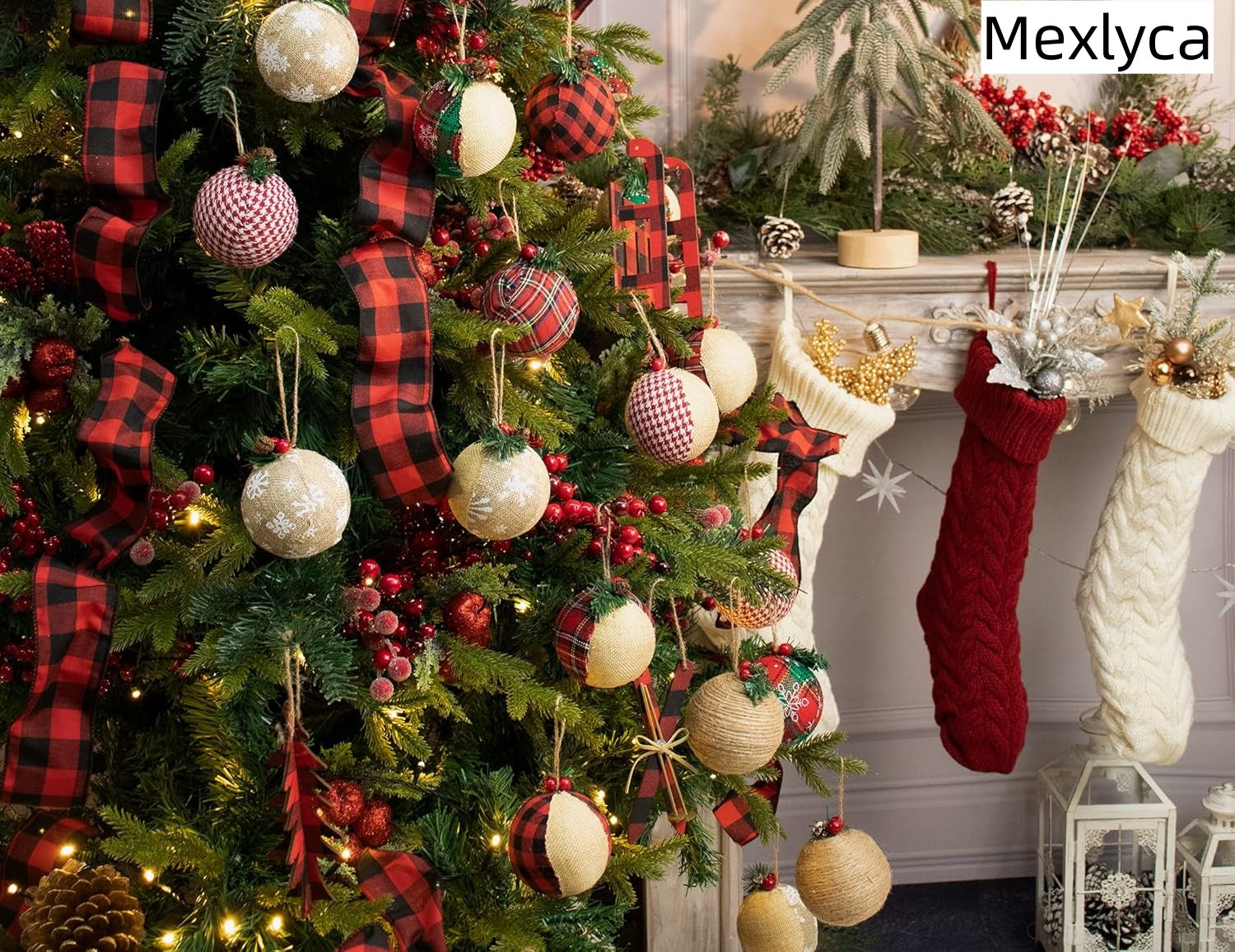 Mexlyca Farmhouse Christmas Tree Ornaments – Handmade Natural Jute Burlap Balls, Rustic Farmhouse Holiday Decorations (Set of 6)