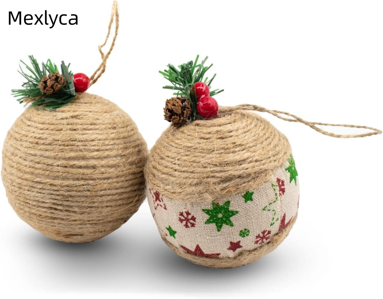 Mexlyca Farmhouse Christmas Tree Ornaments – Handmade Natural Jute Burlap Balls, Rustic Farmhouse Holiday Decorations (Set of 6)
