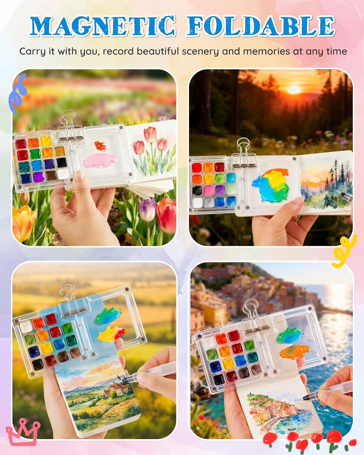 Mini Watercolor Paint Set, Paint Palette Travel Kit, Pocket Watercolor Travel, Pocket Watercolor Set with 24 Colors Paint, Brush, Binder Clips, Sketchbook, collocation watercolor coloring book