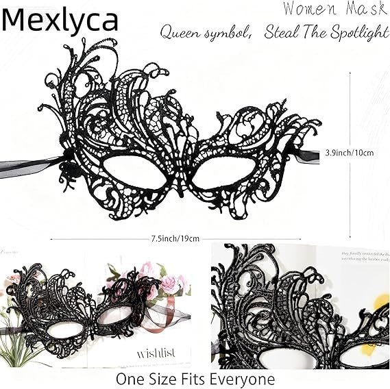 Mexlyca Black Gold Lace Masquerade Masks Set for Women, Men & Couples | Venetian Mardi Gras Party Costume Accessories