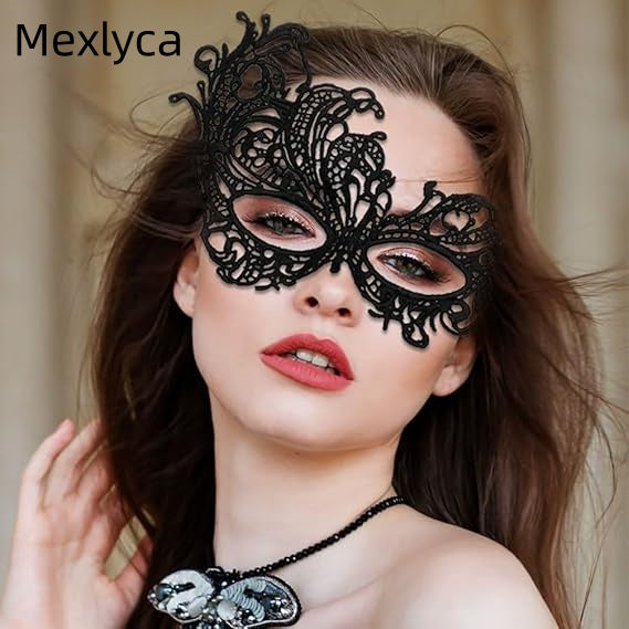 Mexlyca Black Gold Lace Masquerade Masks Set for Women, Men & Couples | Venetian Mardi Gras Party Costume Accessories