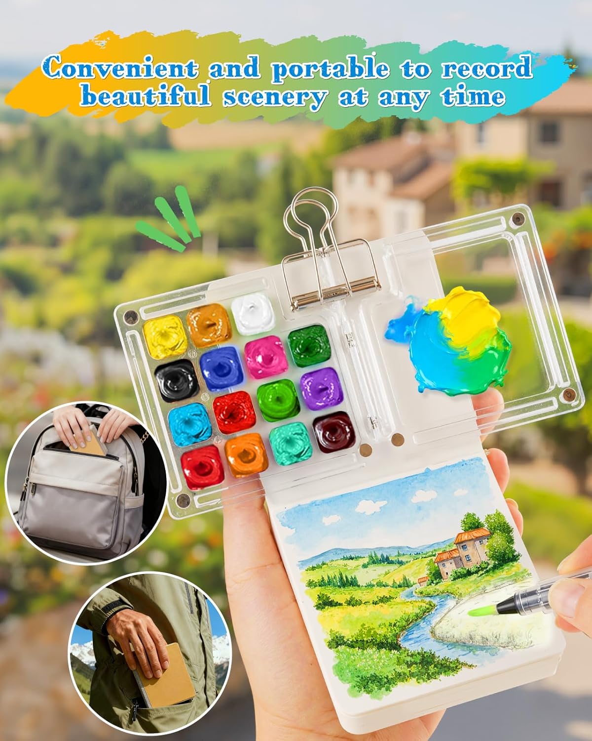 Mini Watercolor Paint Set, Paint Palette Travel Kit, Pocket Watercolor Travel, Pocket Watercolor Set with 24 Colors Paint, Brush, Binder Clips, Sketchbook, collocation watercolor coloring book