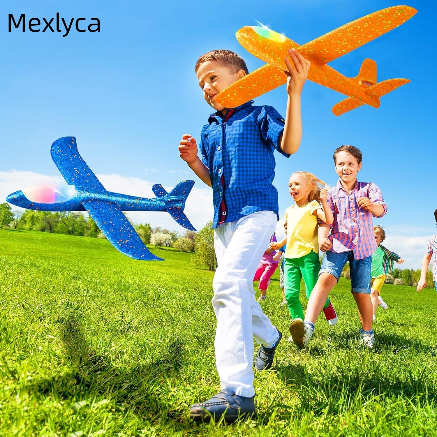 Mexlyca 2 Pack LED Light-Up Glider Planes – 17.5" Large Foam Airplanes with 2 Flight Modes, Outdoor Flying Toys for Kids Ages 3-9, Birthday Party Favors & Gifts