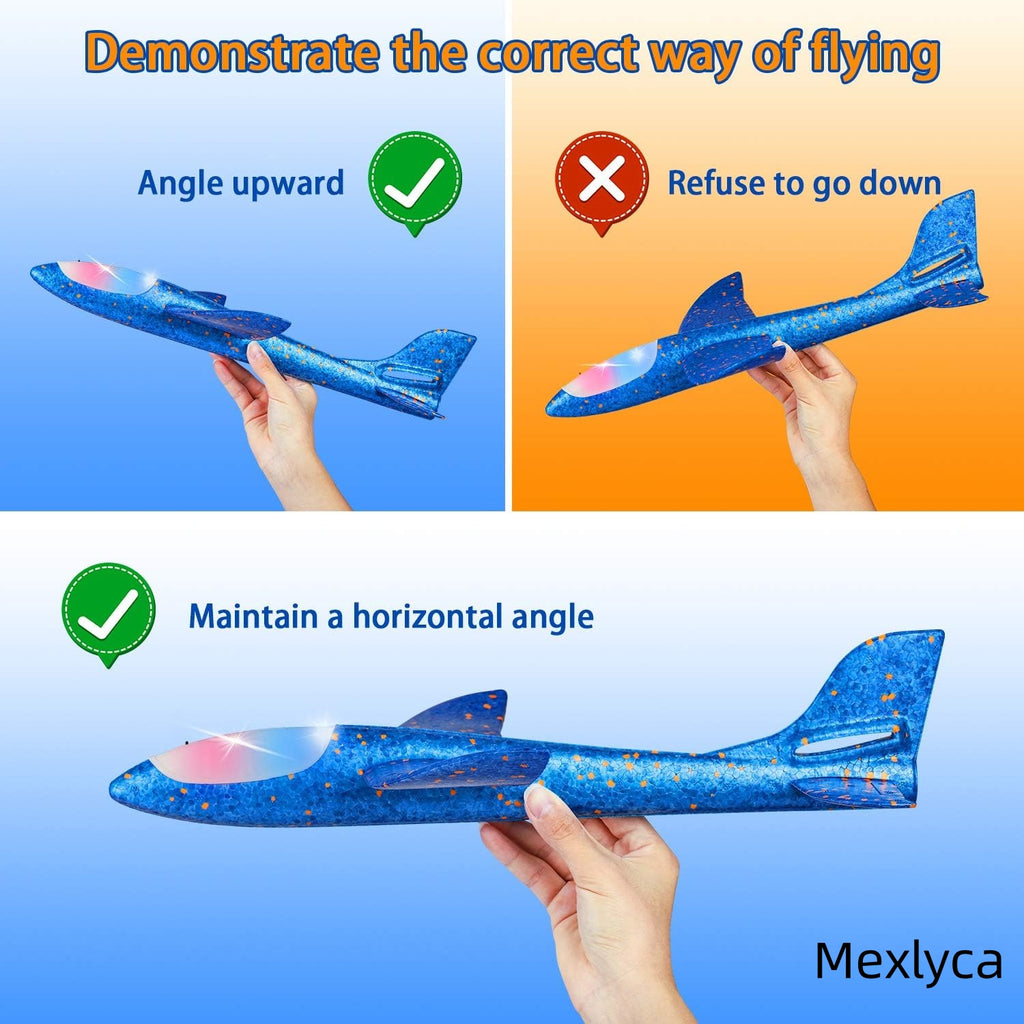 Mexlyca 2 Pack LED Light-Up Glider Planes – 17.5" Large Foam Airplanes with 2 Flight Modes, Outdoor Flying Toys for Kids Ages 3-9, Birthday Party Favors & Gifts